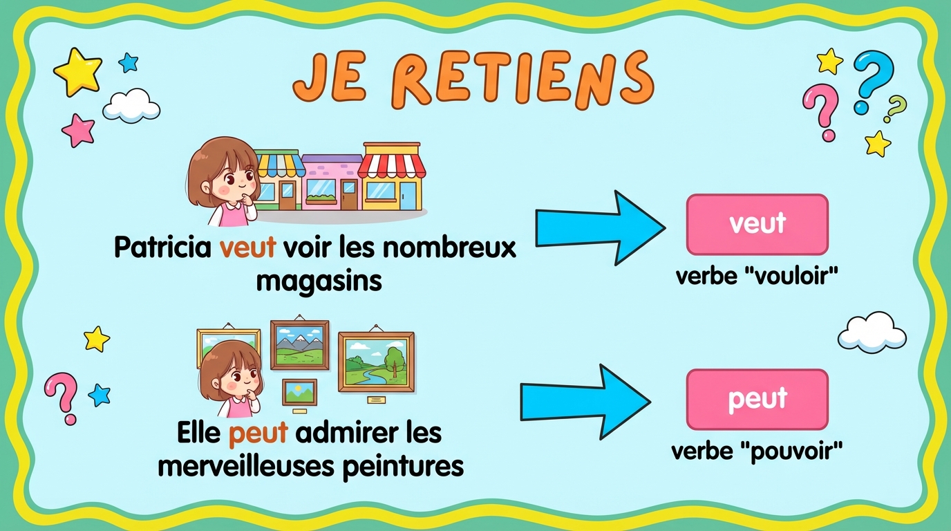 Je retiens. Patricia veut voir les nombreux magasins : verbe vouloir. Elle peut admirer les merveilleuses peintures : verbe pouvoir.